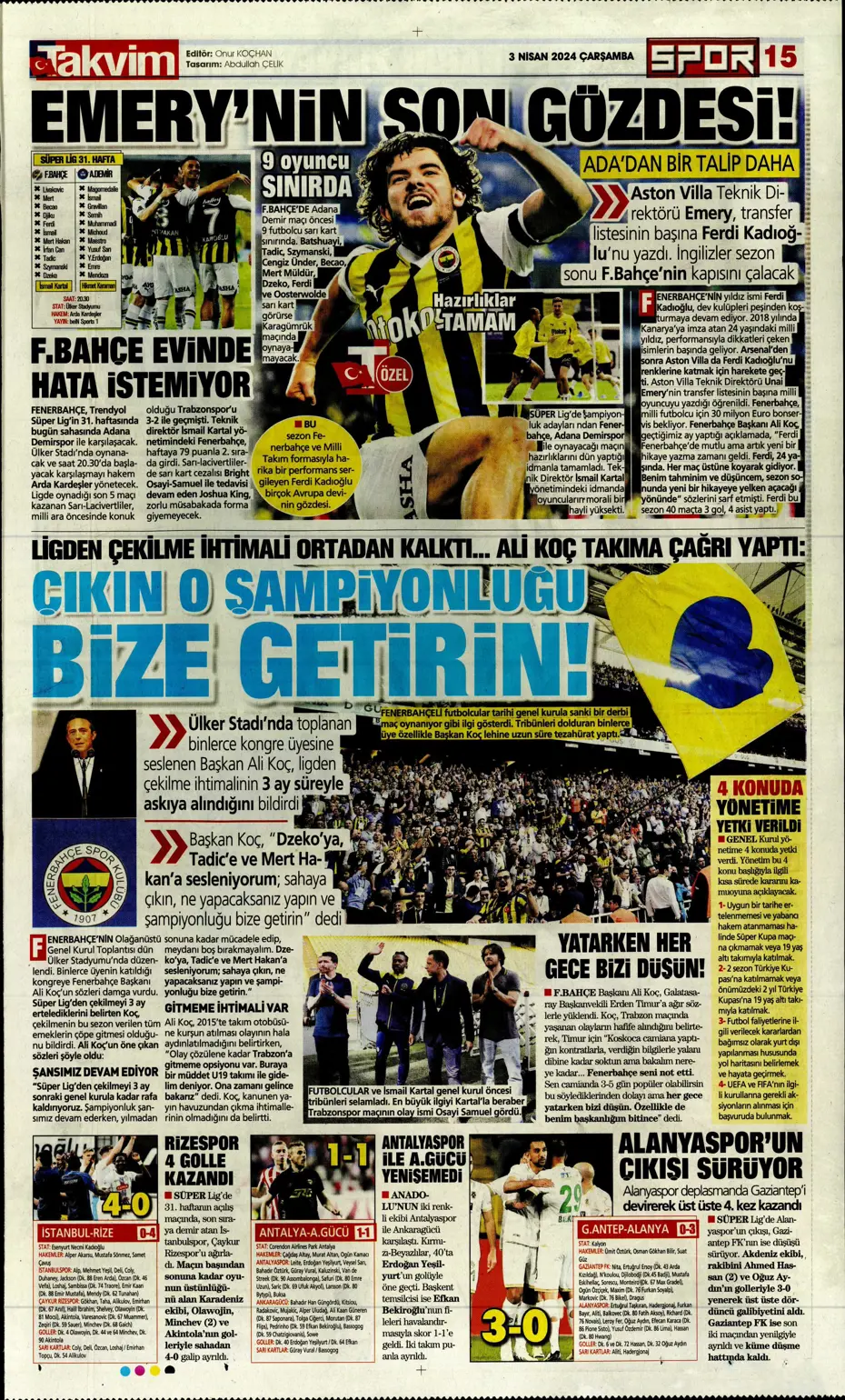 "Lige devam, kupa askıda" | Sporun manşetleri (3 Nisan 2024) - 15