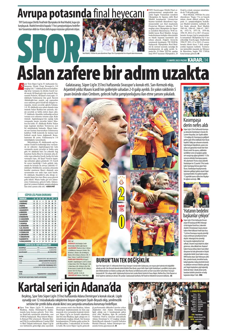 "Mauro Icardi ile 23. şampiyonluğa" Günün spor manşetleri (21 Mayıs 2023) - 12 "Mauro Icardi ile 23. şampiyonluğa" Günün spor manşetleri (21 Mayıs 2023) - 12