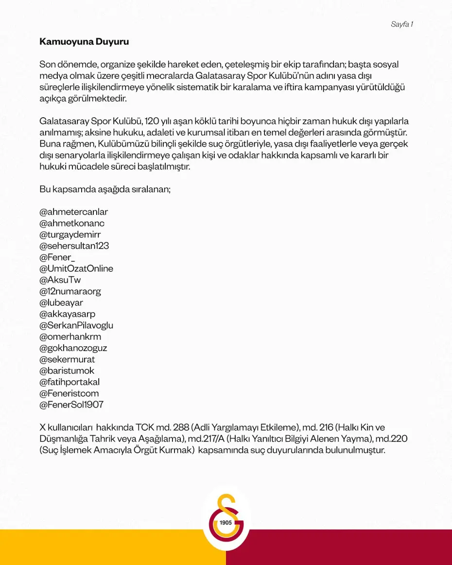 Galatasaray sosyal medyadaki 18 hesabın kullanıcıları hakkında suç duyurusunda bulunduğunu bildirdi - 4