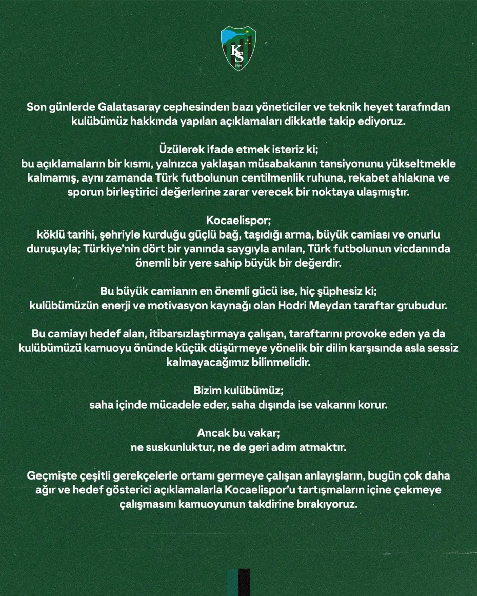Kocaelispor'dan Galatasaray maçı öncesi çok çarpıcı açıklama: "Açık ve net ifade ediyoruz..." - 2 Kocaelispor'dan Galatasaray maçı öncesi çok çarpıcı açıklama: "Açık ve net ifade ediyoruz..." - 2