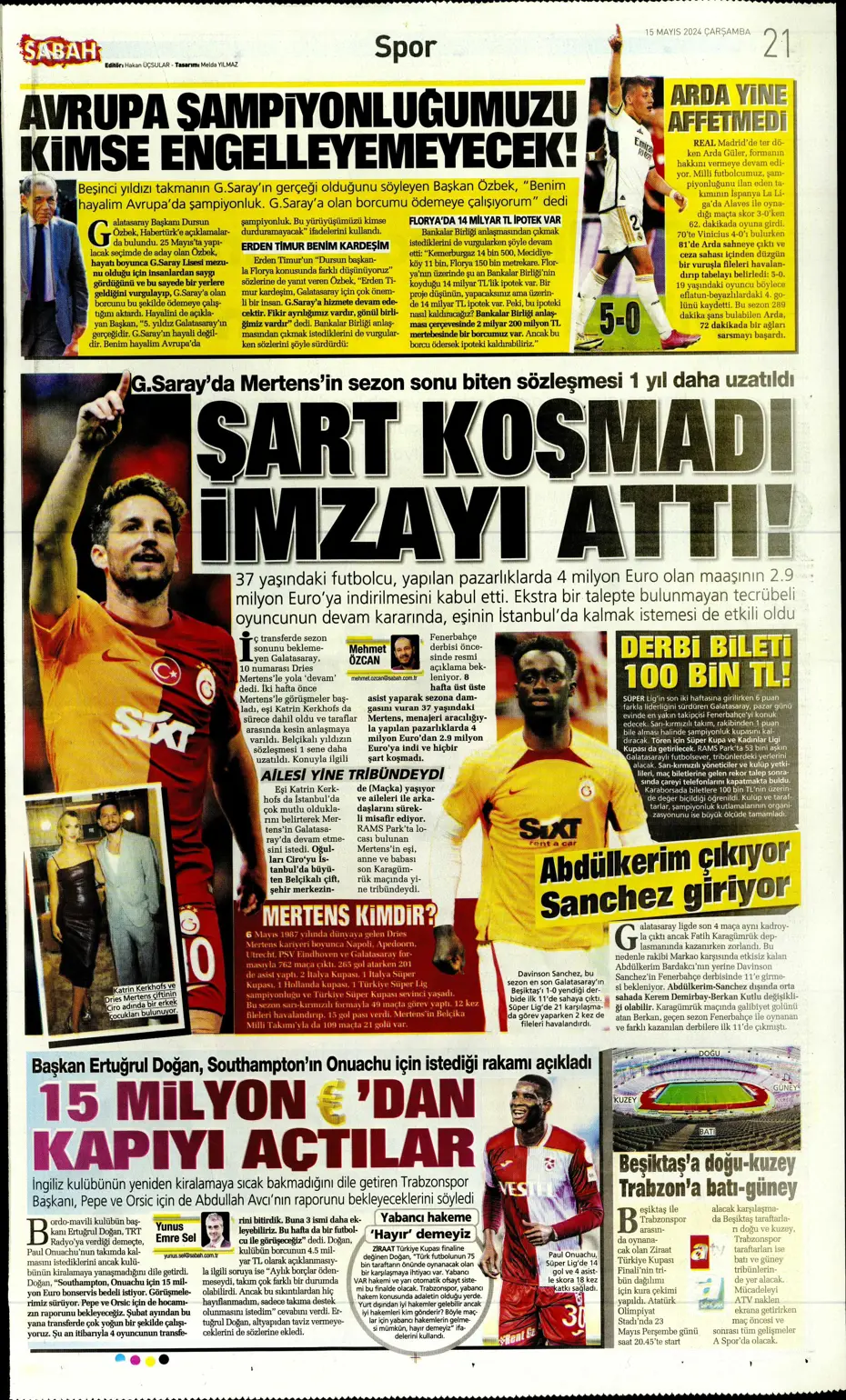 "Mourinho'ya 100 milyon euro" | Sporun manşetleri (15 Mayıs 2024) - 17
