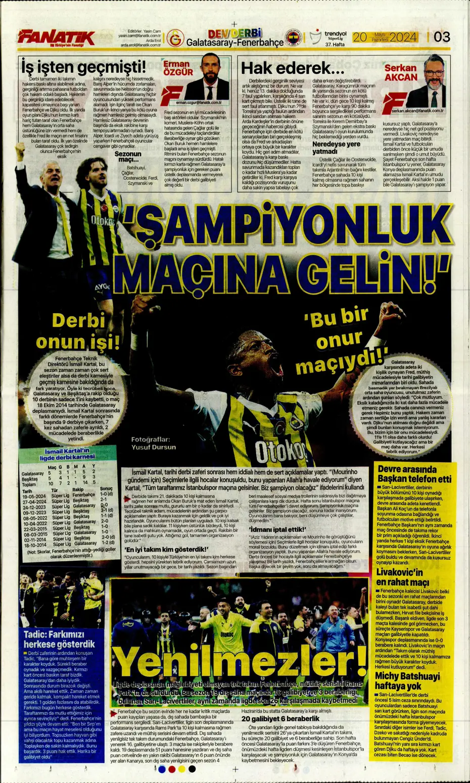"F.Bahçe G.Saray'a bayramı zehir etti" | Sporun manşetleri (20 Mayıs 2024) - 3