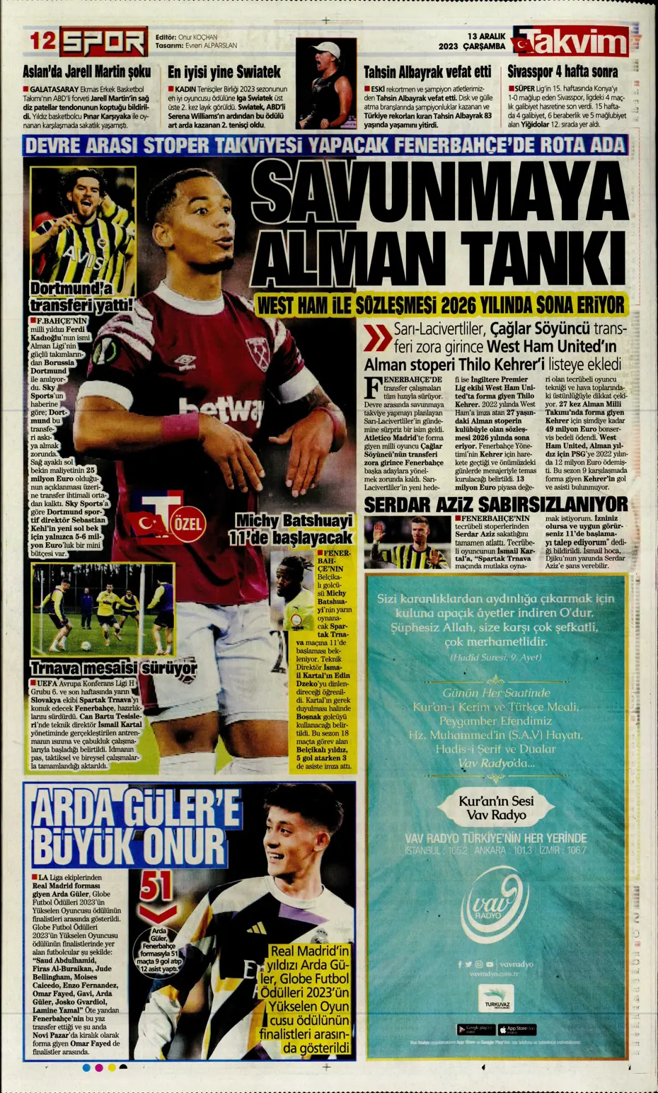 "Aslan'ın yeni yeri Avrupa Ligi" | Sporun manşetleri (13 Aralık 2023) - 27
