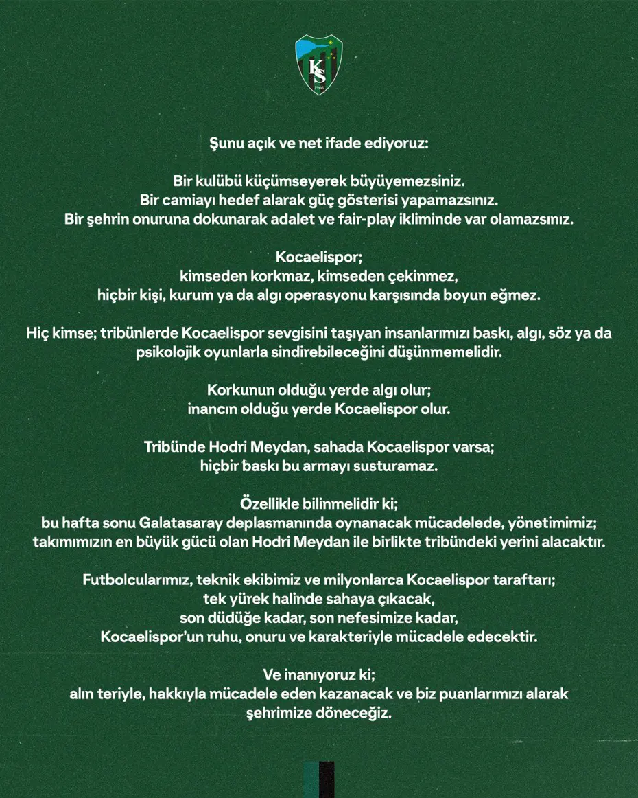 Kocaelispor'dan Galatasaray maçı öncesi çok çarpıcı açıklama: "Açık ve net ifade ediyoruz..." - 3 Kocaelispor'dan Galatasaray maçı öncesi çok çarpıcı açıklama: "Açık ve net ifade ediyoruz..." - 3