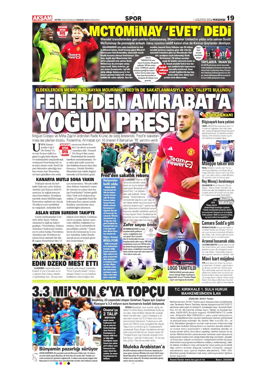 "McTominay Aslan oluyor" | Sporun manşetleri (1 Ağustos 2024) - 4 "McTominay Aslan oluyor" | Sporun manşetleri (1 Ağustos 2024) - 4