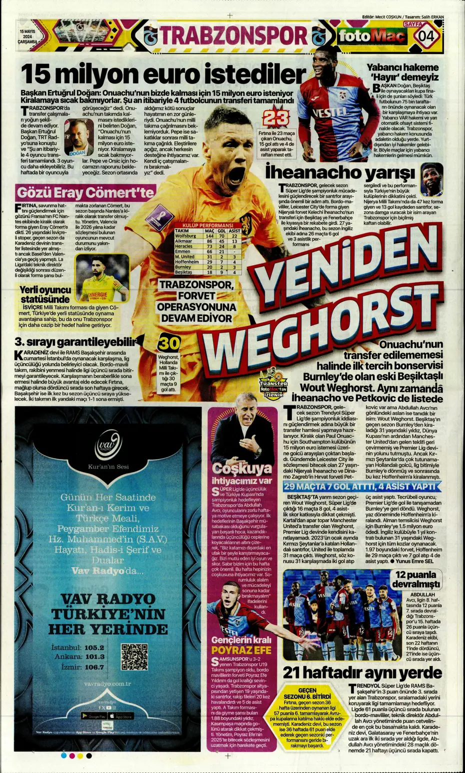 "Mourinho'ya 100 milyon euro" | Sporun manşetleri (15 Mayıs 2024) - 9
