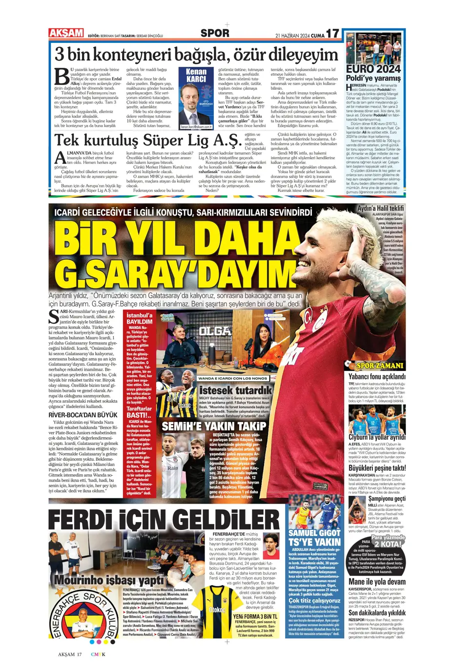 "Bir yıl daha G.Saray'dayım" | Sporun manşetleri (21 Haziran 2024) - 1 "Bir yıl daha G.Saray'dayım" | Sporun manşetleri (21 Haziran 2024) - 1