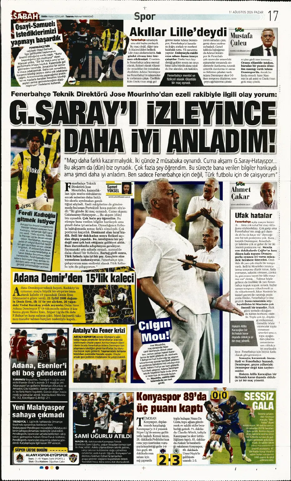 "Mou varsa fire yok" | Sporun manşetleri (11 Ağustos 2024) - 25