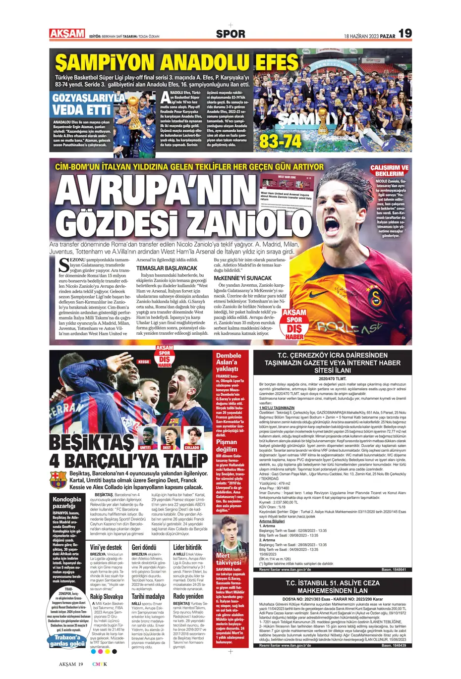 "Dzeko bavulları topluyor" Sporun manşetleri (18 Haziran 2023) - 4