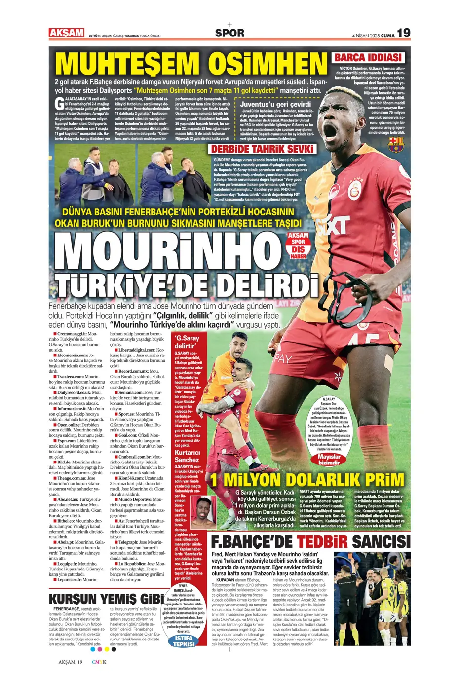 "Derbideki kavgalara ağır fatura" | Sporun manşetleri - 3