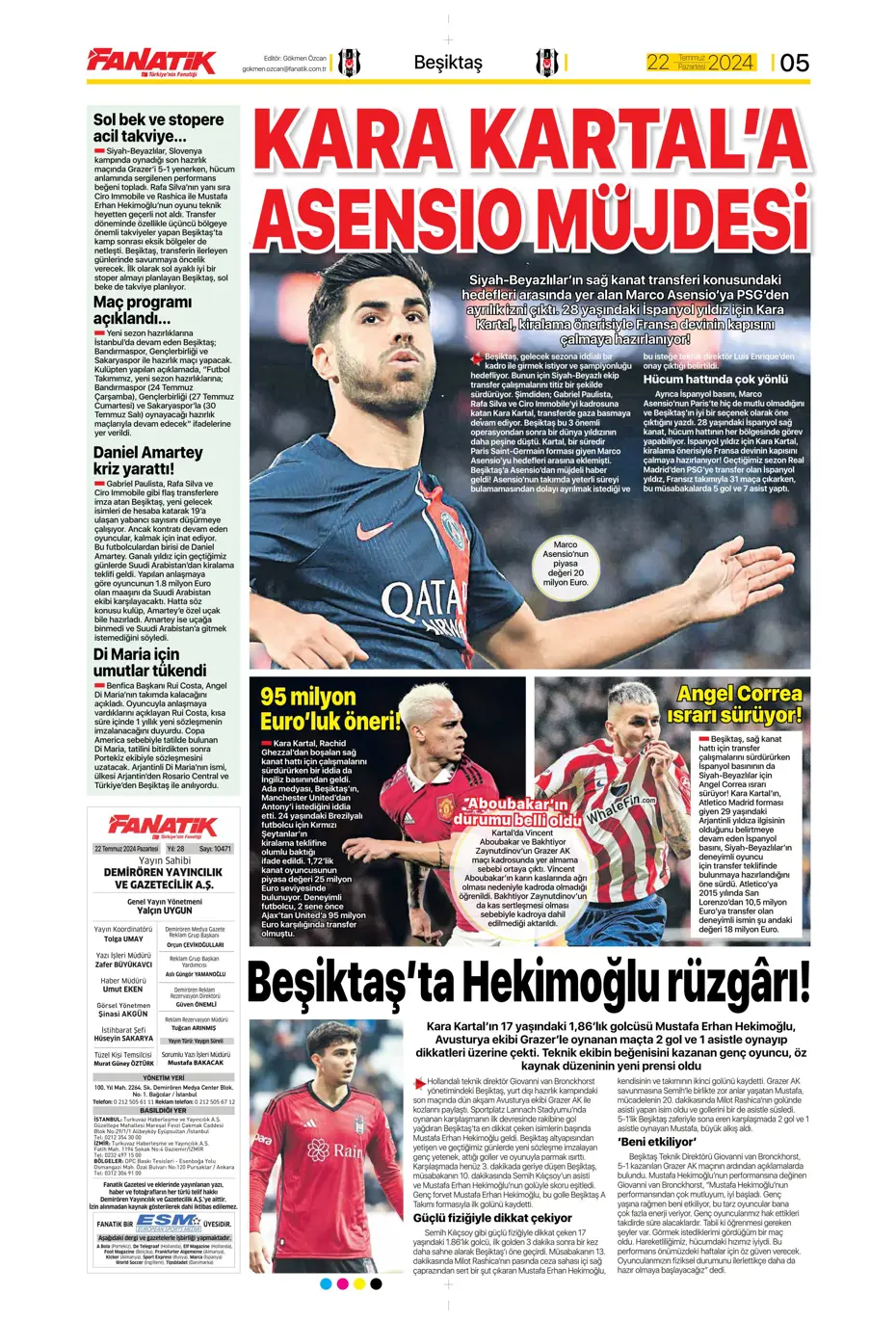 "Kara Kartal'a Asensio müjdesi" | Sporun manşetleri (22 Temmuz 2024) - 7