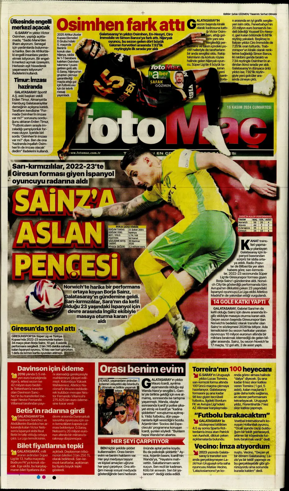 "Jorginho sürprizi" | Sporun manşetleri (16 Kasım 2024) - 12