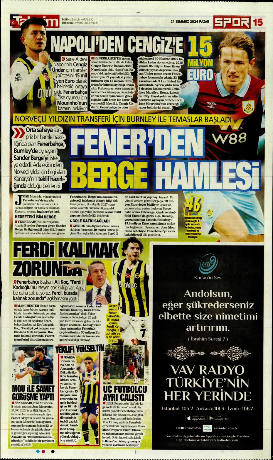 "Fenerbahçe'den Berge hamlesi" | Sporun Manşetleri (21 Temmuz 2024) - 34 "Fenerbahçe'den Berge hamlesi" | Sporun Manşetleri (21 Temmuz 2024) - 34