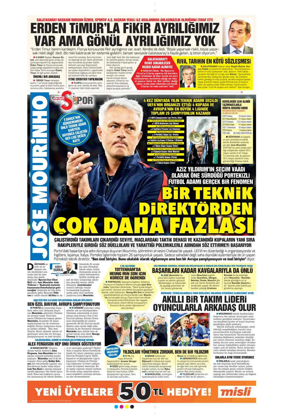 "Mourinho'ya 100 milyon euro" | Sporun manşetleri (15 Mayıs 2024) - 11
