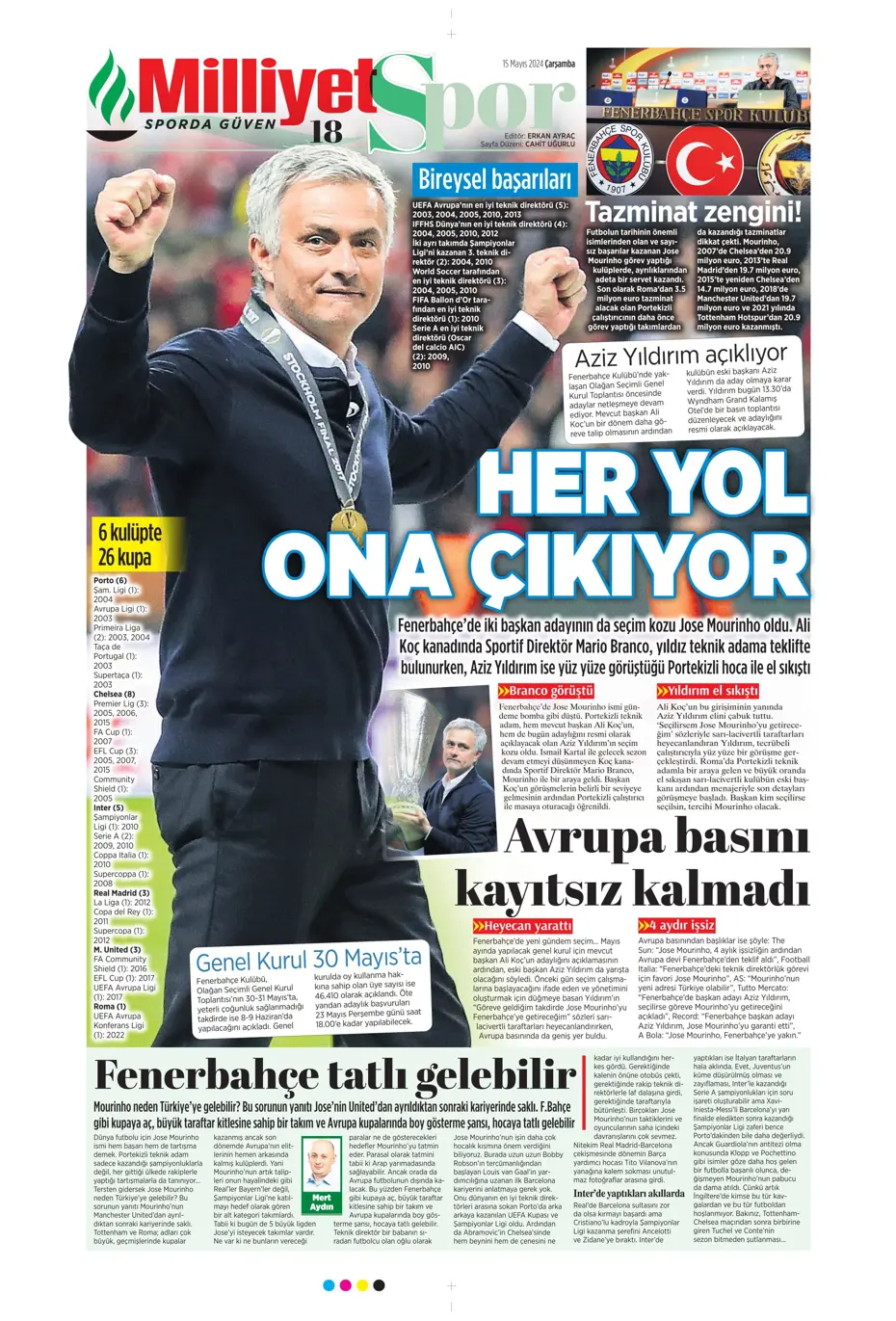 "Mourinho'ya 100 milyon euro" | Sporun manşetleri (15 Mayıs 2024) - 15