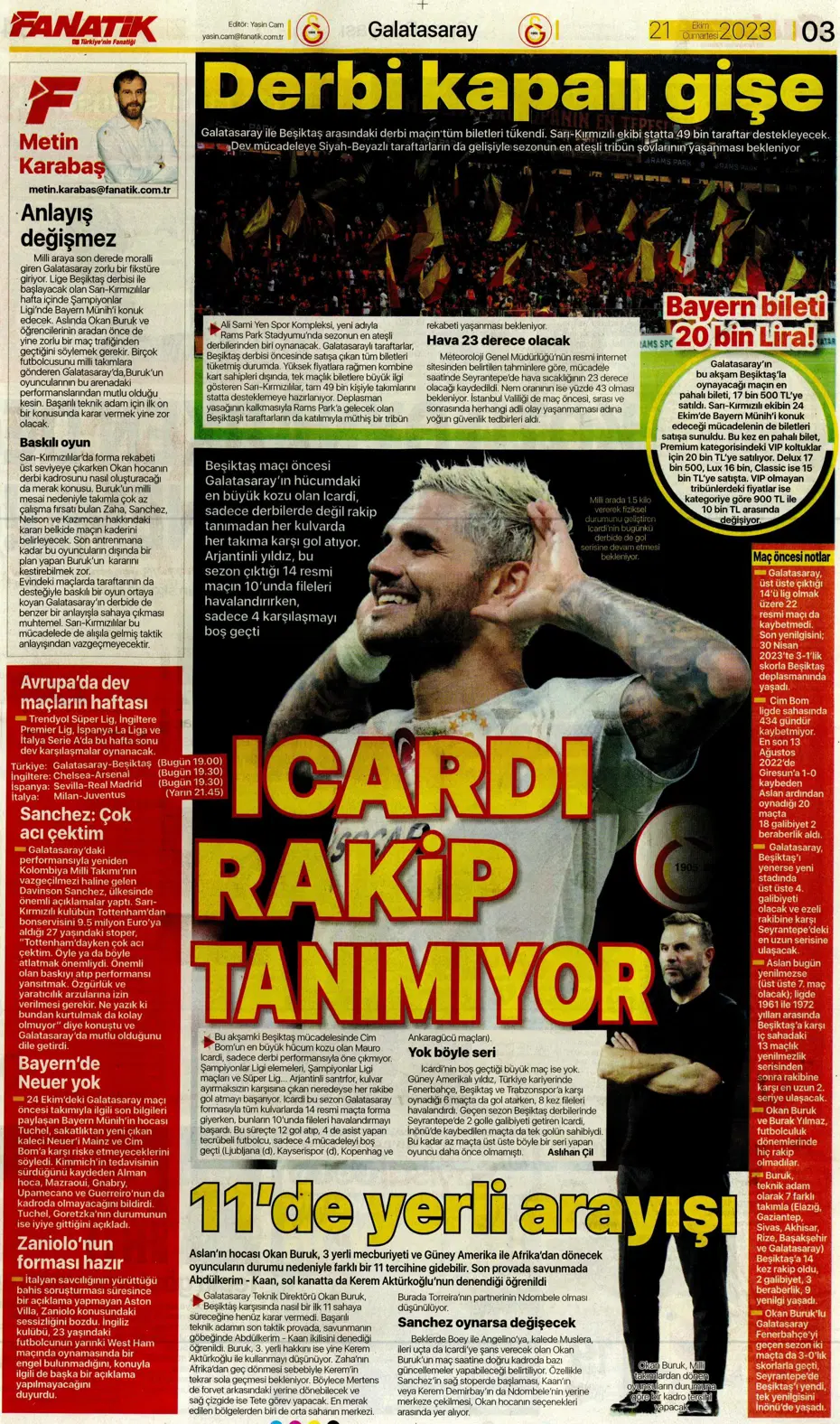 "Ateş gibi derbi" | Sporun manşetleri (21 Ekim 2023) - 3
