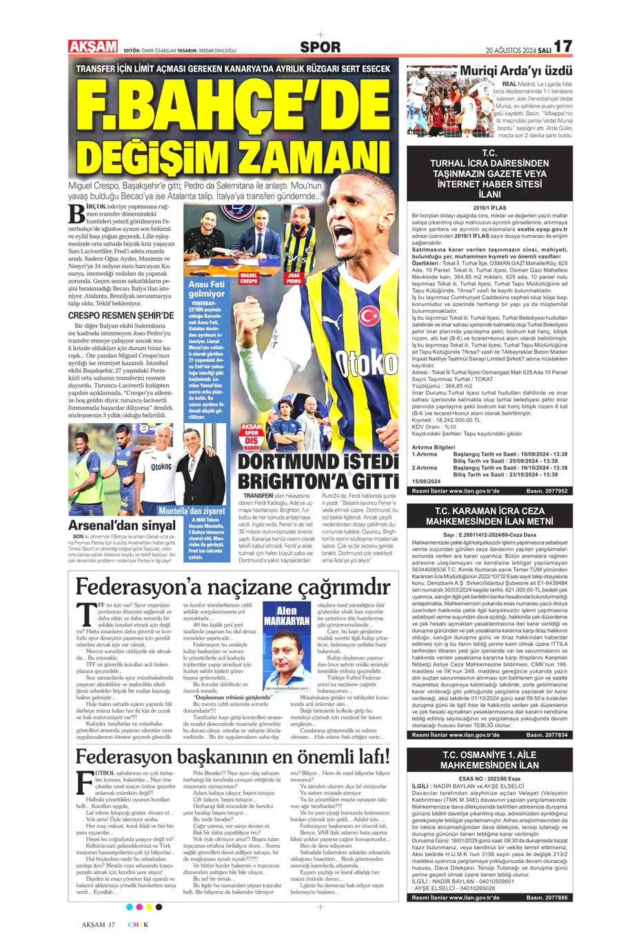 "Fenerbahçe'de değişim zamanı" | Sporun manşetleri (20 Ağustos 2024) - 2