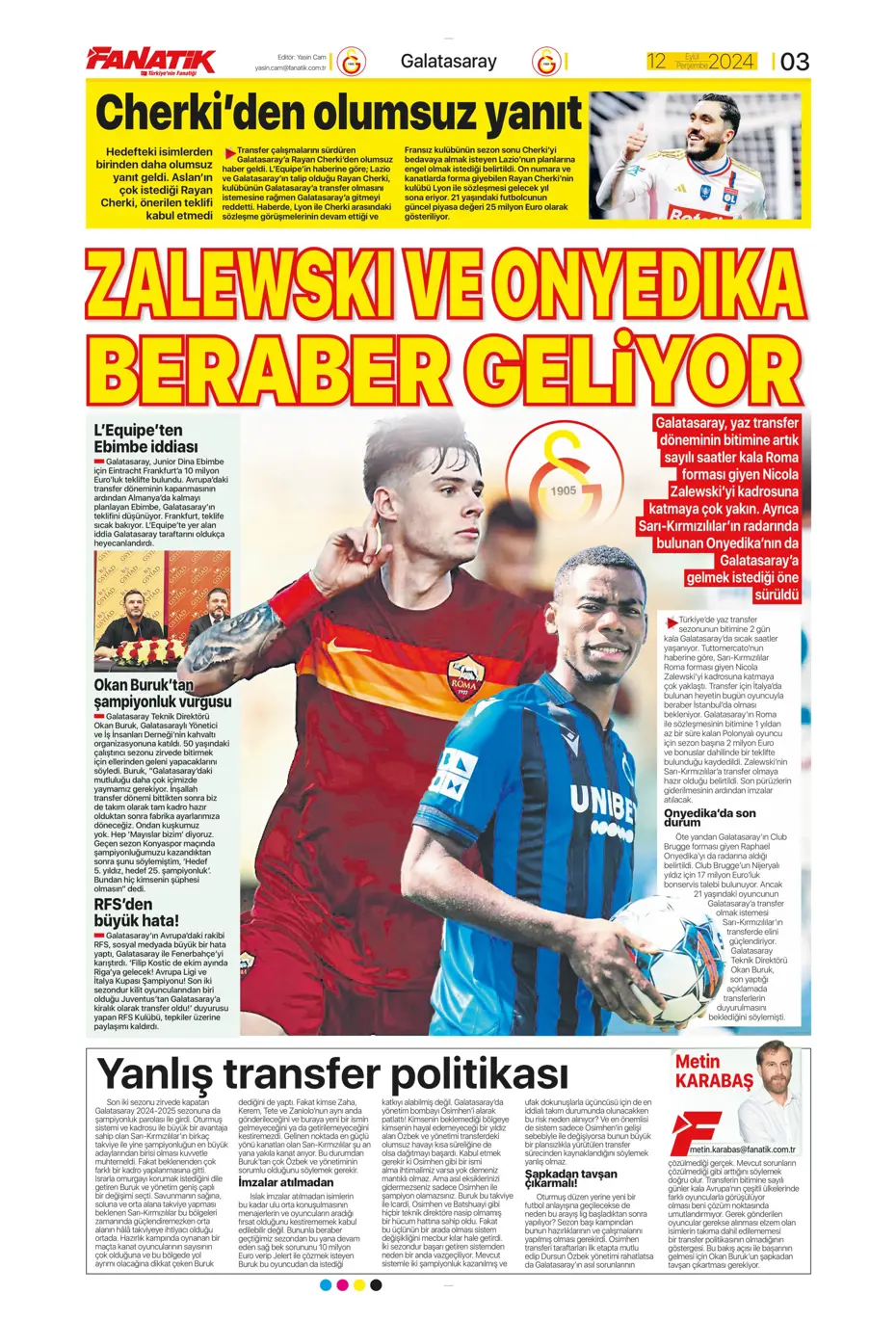 "12 milyon Euro'ya Cim Bom'da" | Sporun manşetleri (12 Eylül 2024) - 4