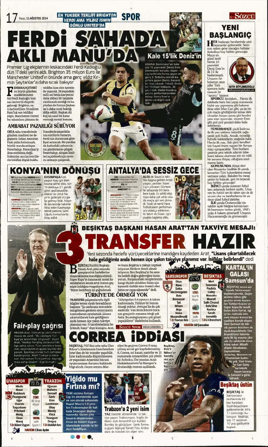 "Mou varsa fire yok" | Sporun manşetleri (11 Ağustos 2024) - 27
