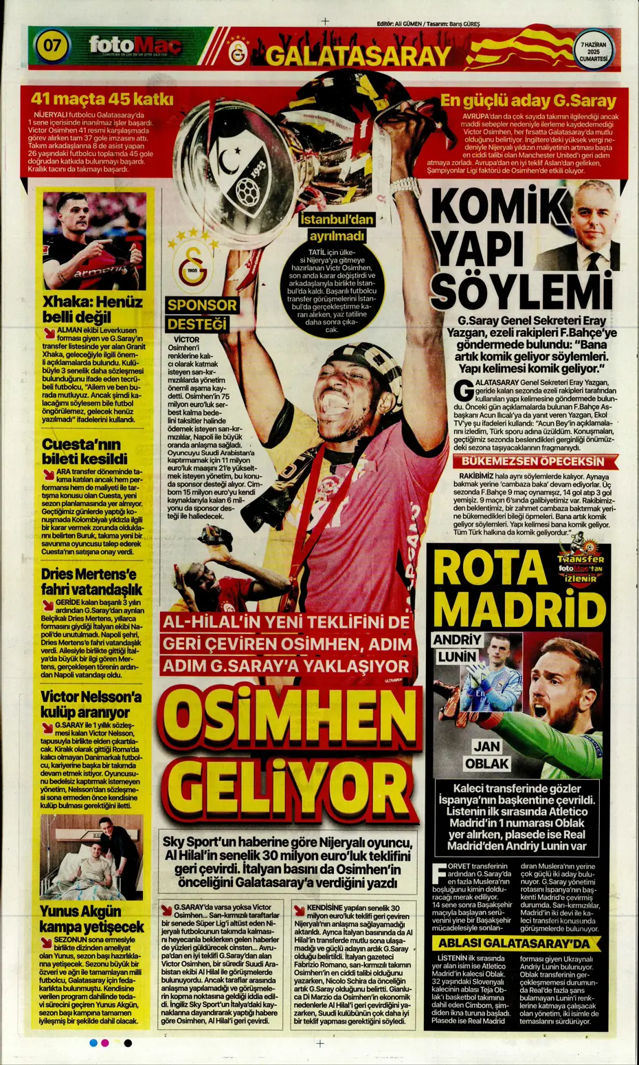 "Osayi, Beşiktaş'a doğru" | Sporun manşetleri (7 Haziran 2025) - 15