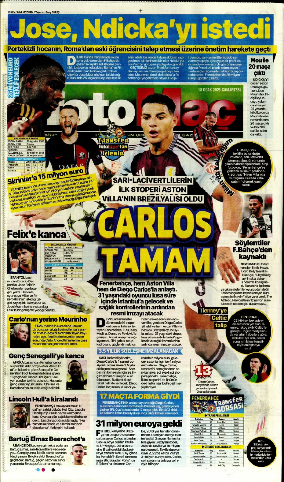 "Diego Carlos'u F.Bahçe kaptı!" | Sporun manşetleri (18 Ocak 2025) - 13 "Diego Carlos'u F.Bahçe kaptı!" | Sporun manşetleri (18 Ocak 2025) - 13
