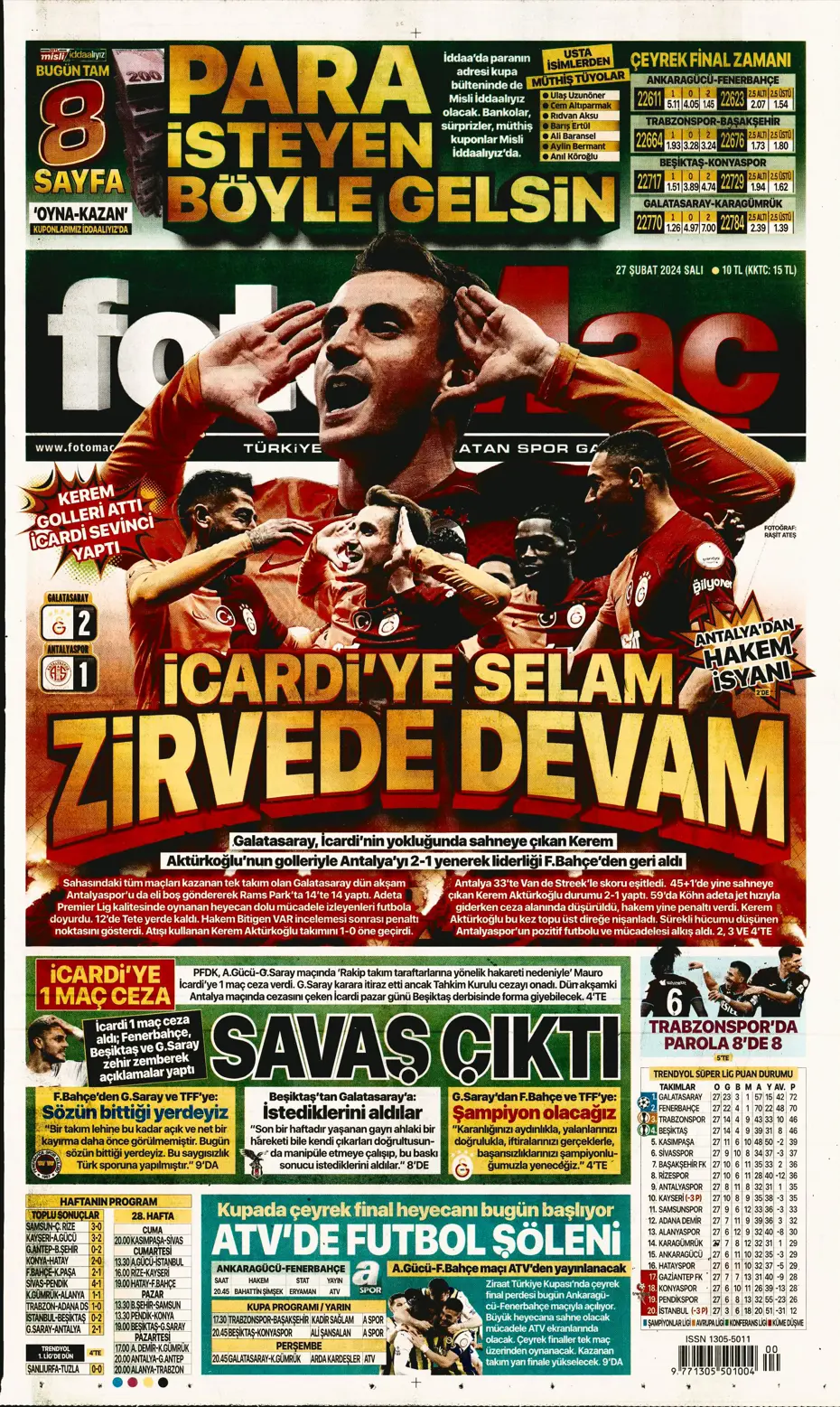 "Icardi'ye selam, zirvede devam" | Sporun manşetleri (27 Şubat 2024) - 9