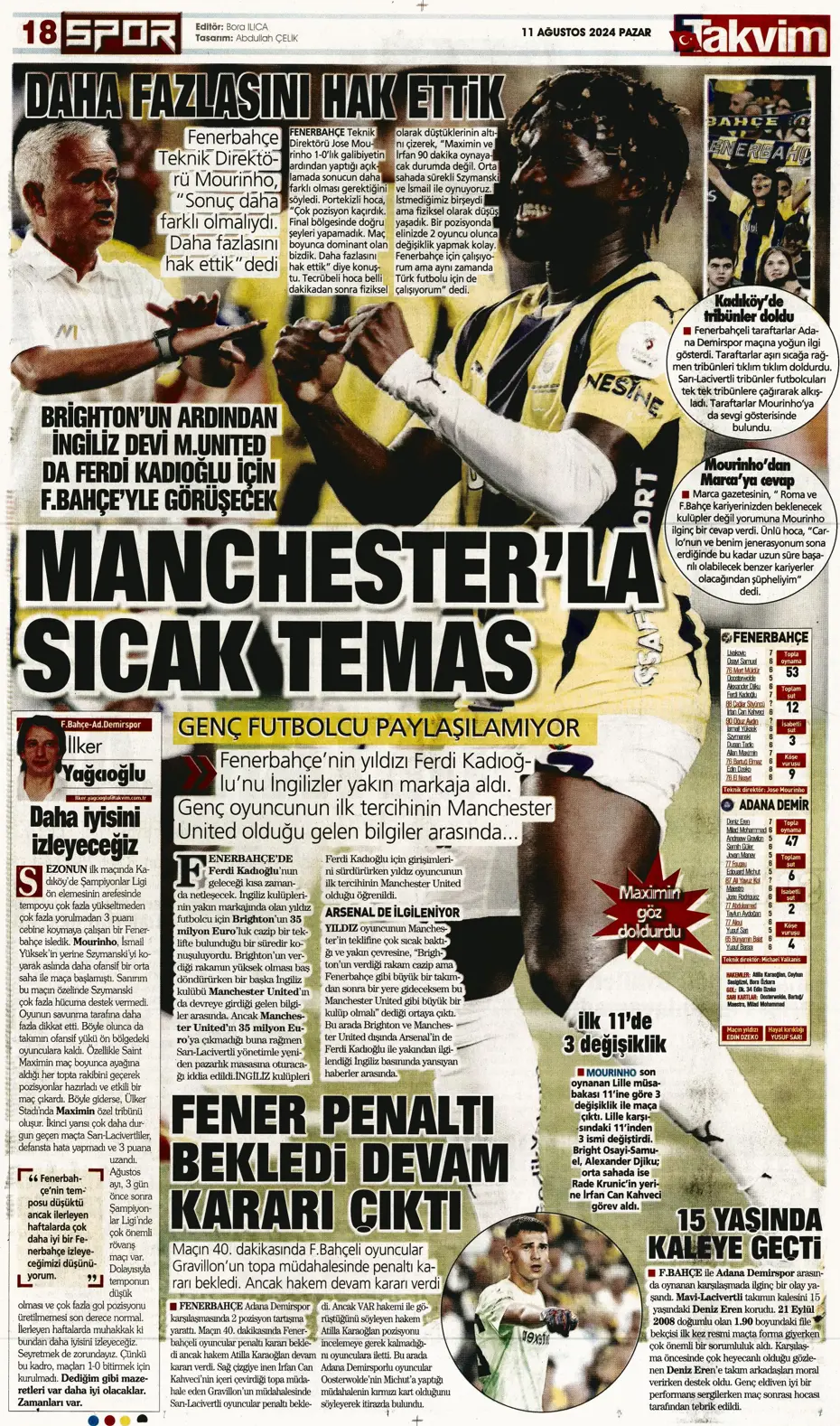 "Mou varsa fire yok" | Sporun manşetleri (11 Ağustos 2024) - 43