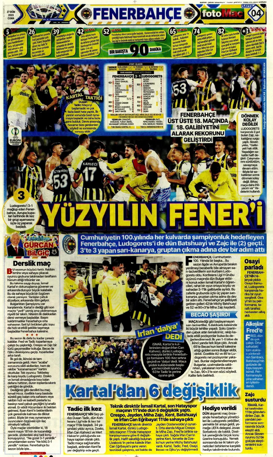 "Yüzyılın Fener'i" | Sporun manşetleri (27 Ekim 2023) - 10