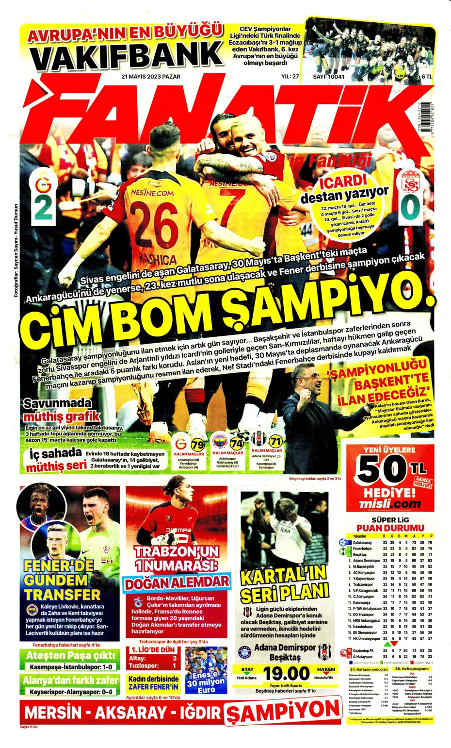 "Mauro Icardi ile 23. şampiyonluğa" Günün spor manşetleri (21 Mayıs 2023) - 3 "Mauro Icardi ile 23. şampiyonluğa" Günün spor manşetleri (21 Mayıs 2023) - 3