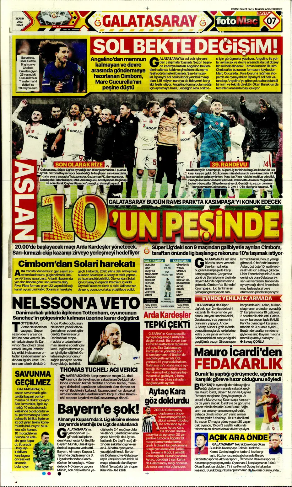 "Chelsea'nin sol beki Aslan'a" | Sporun manşetleri (3 Kasım 2023) - 11