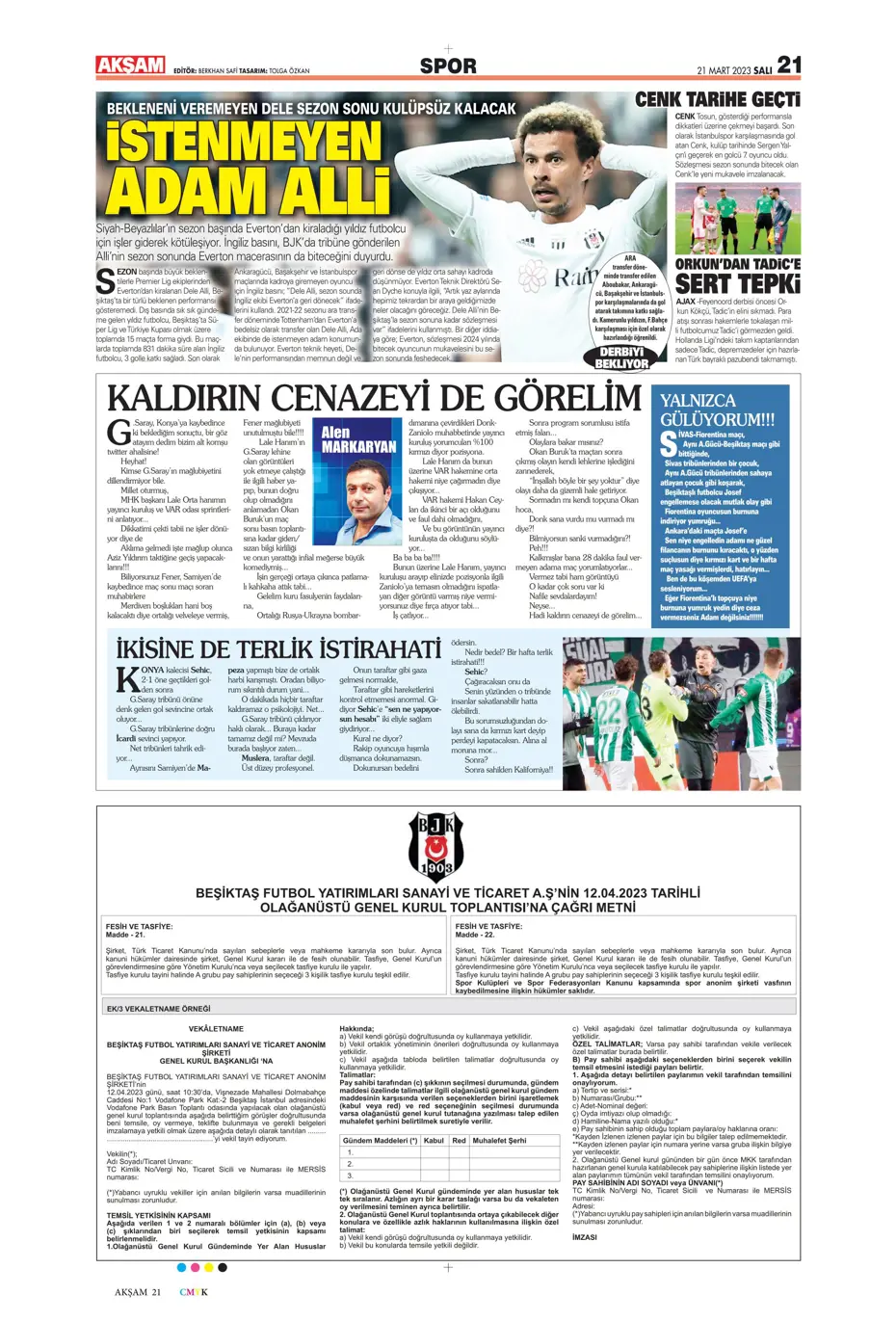 "Aslan'da transfer zirvesi" - Sporun manşetleri (21 Mart 2023) - 3