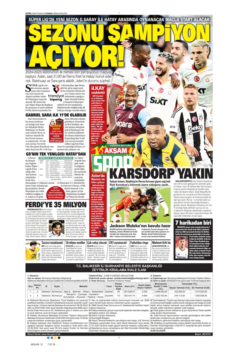 "Sahne şampiyonun" | Sporun manşetleri (9 Ağustos 2024) - 4