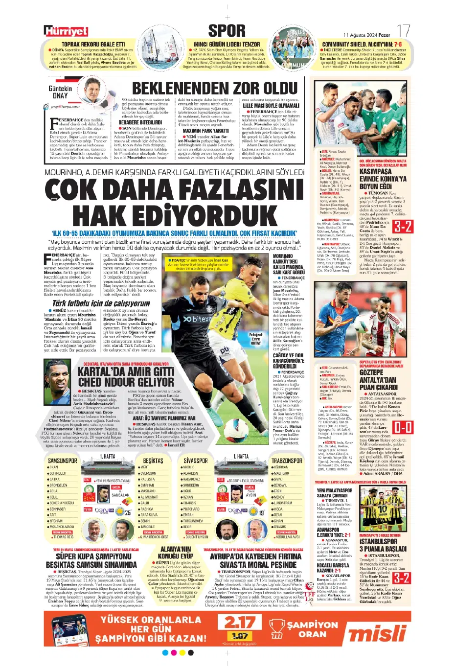 "Mou varsa fire yok" | Sporun manşetleri (11 Ağustos 2024) - 15