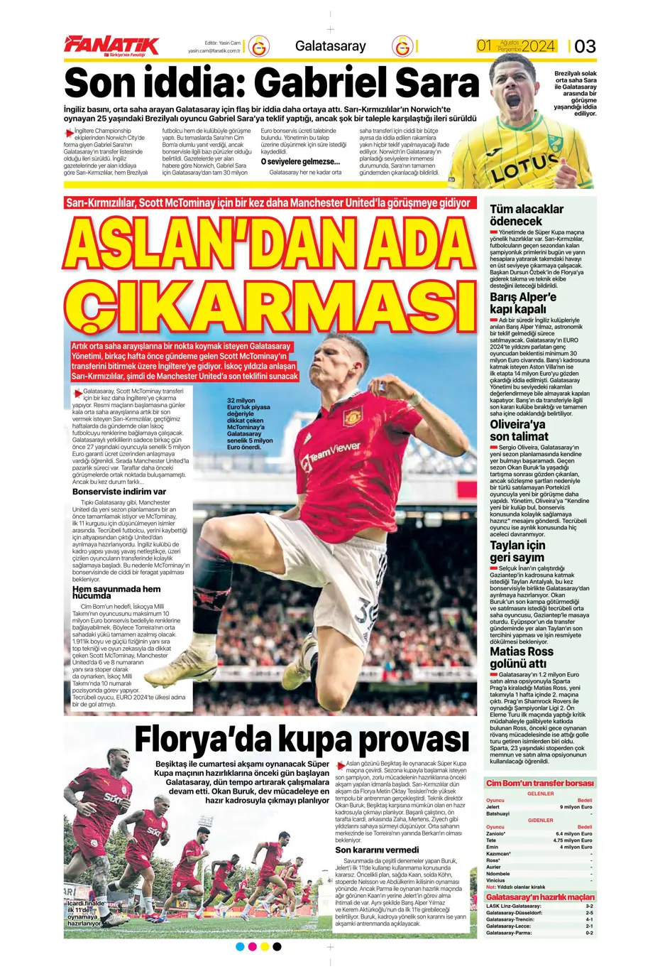 "McTominay Aslan oluyor" | Sporun manşetleri (1 Ağustos 2024) - 3 "McTominay Aslan oluyor" | Sporun manşetleri (1 Ağustos 2024) - 3