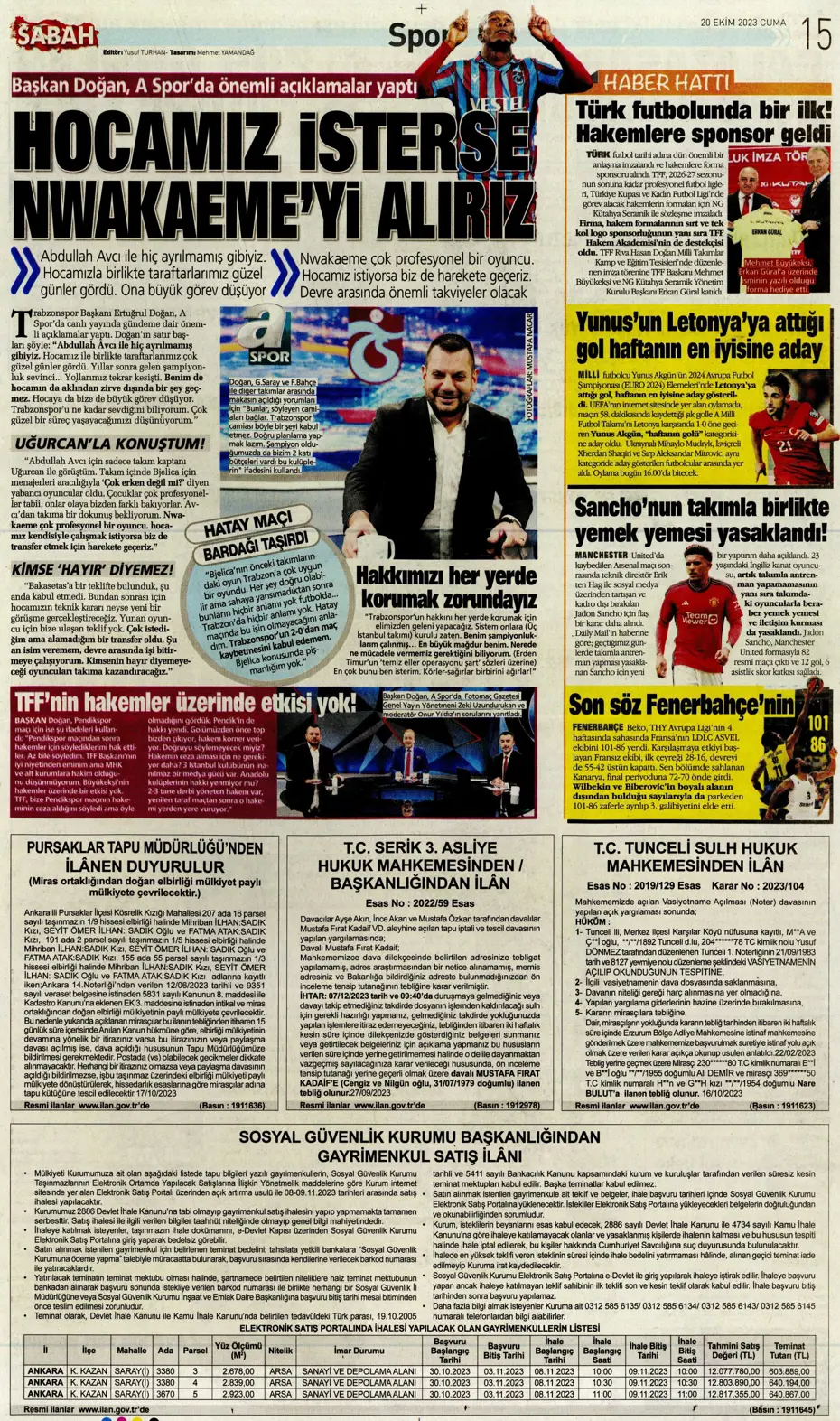 "Derbinin kilidini açacak anahtarlar" | Sporun manşetleri (20 Ekim 2023) - 23