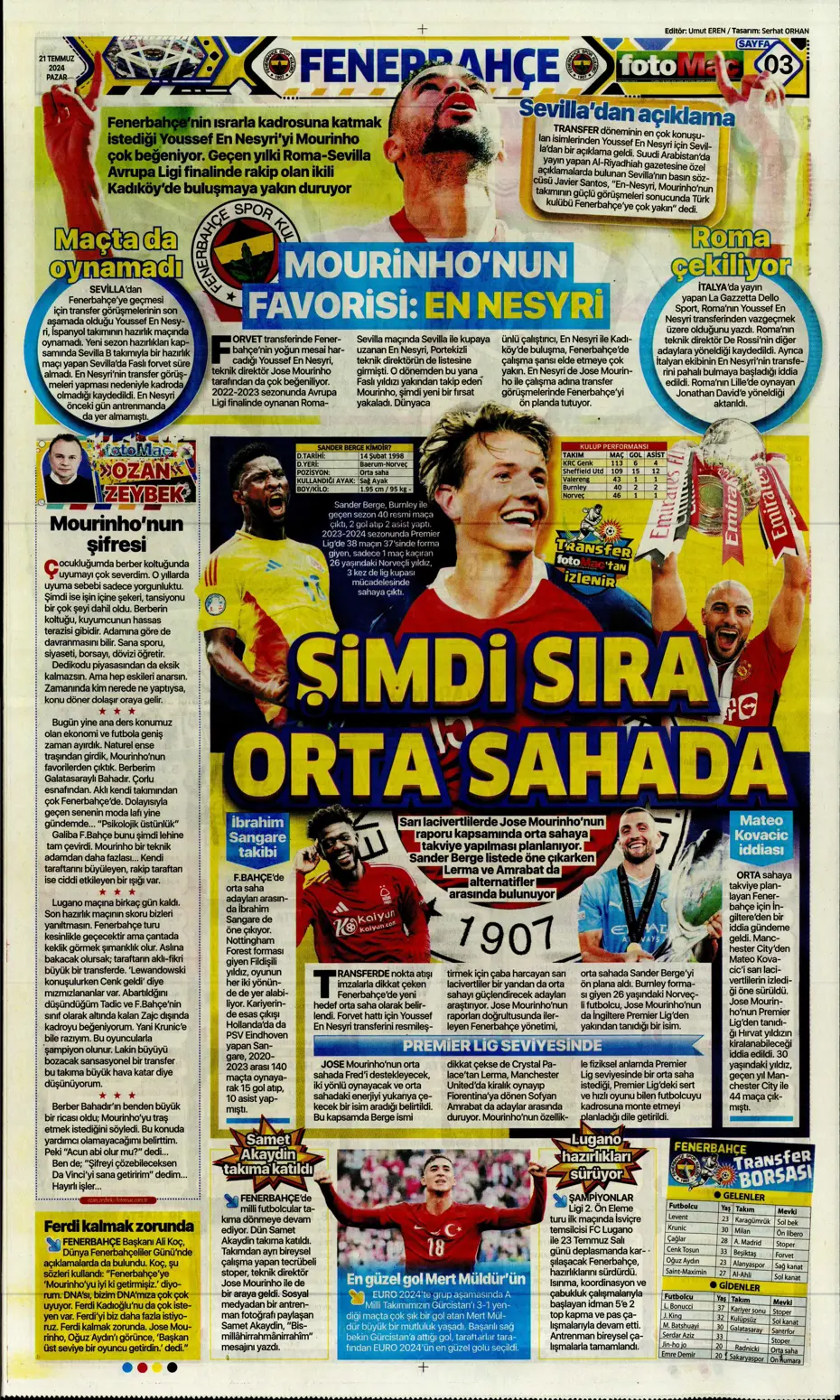 "Fenerbahçe'den Berge hamlesi" | Sporun Manşetleri (21 Temmuz 2024) - 8 "Fenerbahçe'den Berge hamlesi" | Sporun Manşetleri (21 Temmuz 2024) - 8