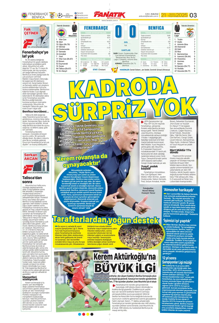 "Benfica'yı Kadıköy'de salladık ama yıkamadık" | Sporun manşetleri - 30