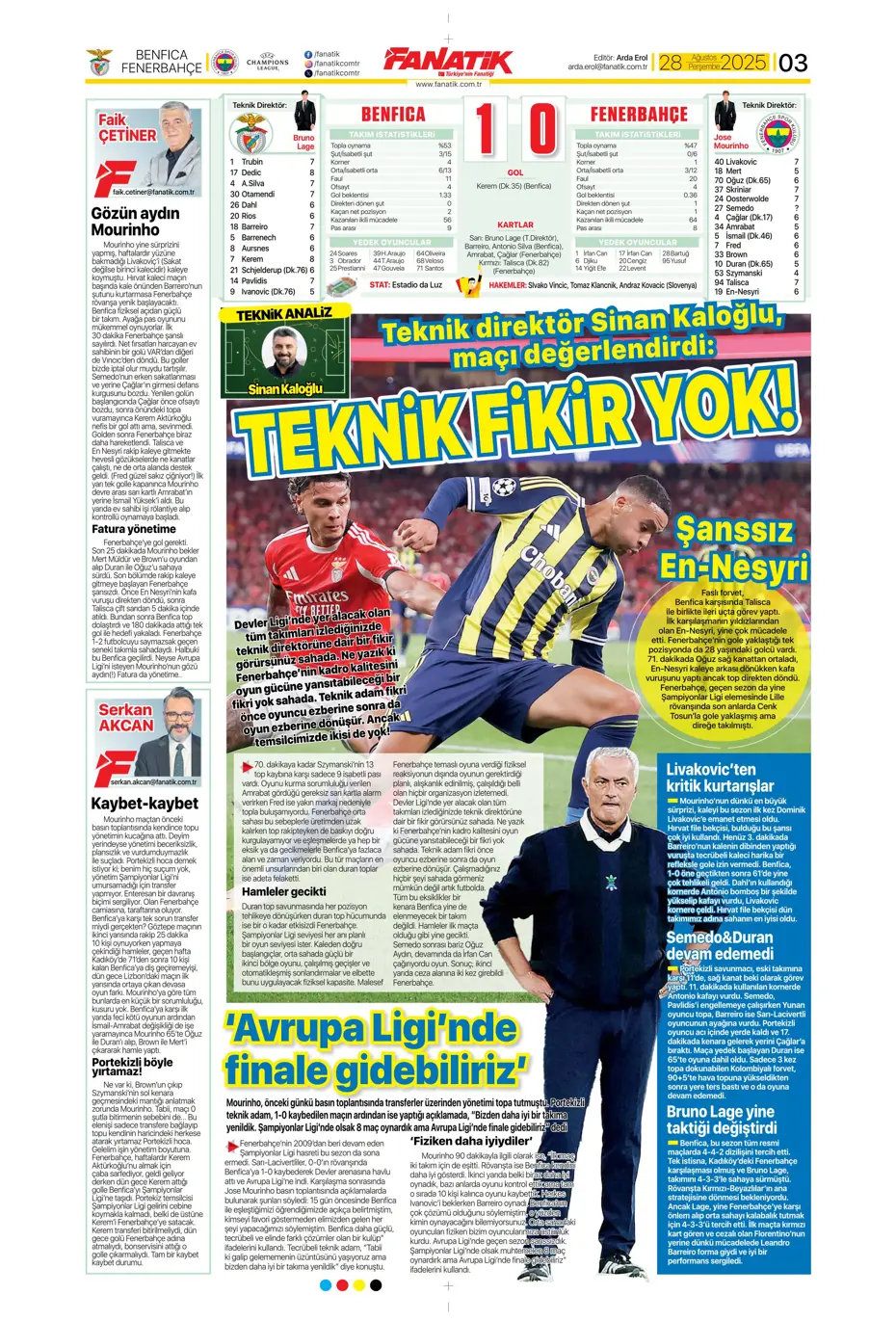 "Kerem Fenerbahçe'yi de Mourinho'yu da bitirdi" | Sporun manşetleri - 31