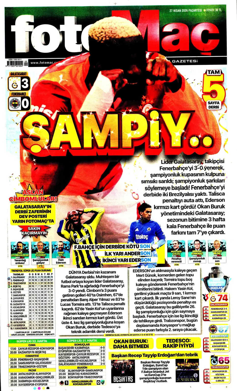 "Aslan Fener'i 7 bitirdi" | Sporun manşetleri - 31 "Aslan Fener'i 7 bitirdi" | Sporun manşetleri - 31