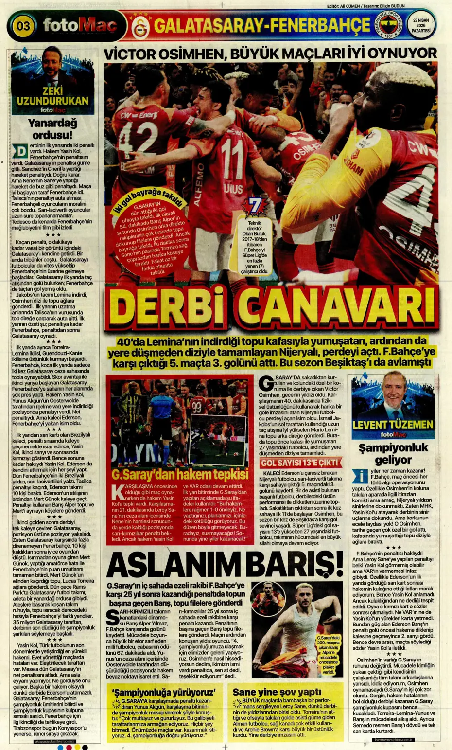 "Aslan Fener'i 7 bitirdi" | Sporun manşetleri - 7 "Aslan Fener'i 7 bitirdi" | Sporun manşetleri - 7