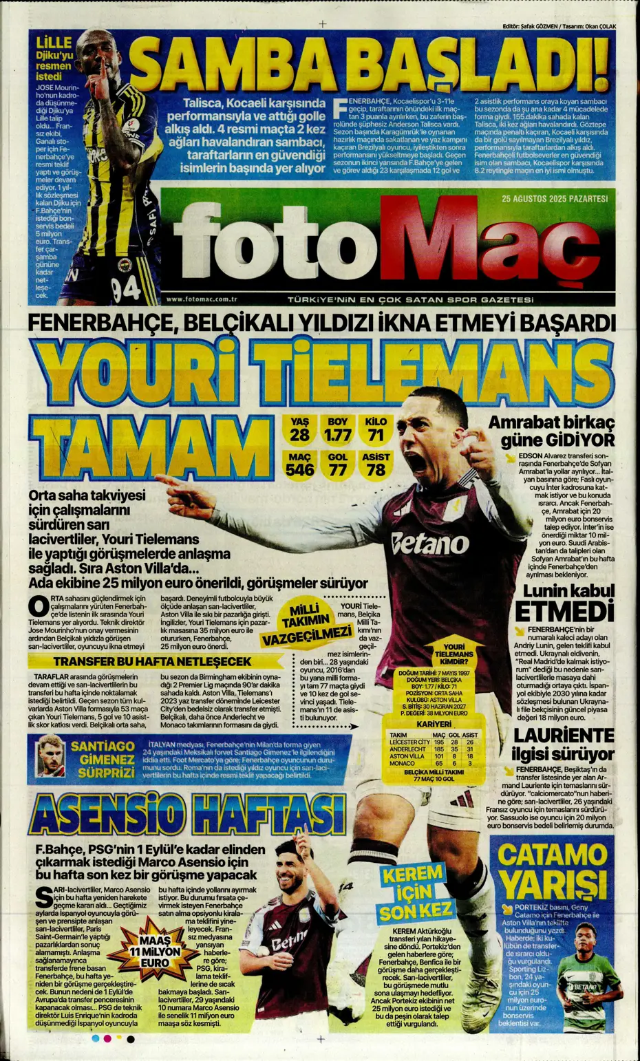 "Fenerbahçe'de Youri Tielemans tamam" | Sporun manşetleri - 23
