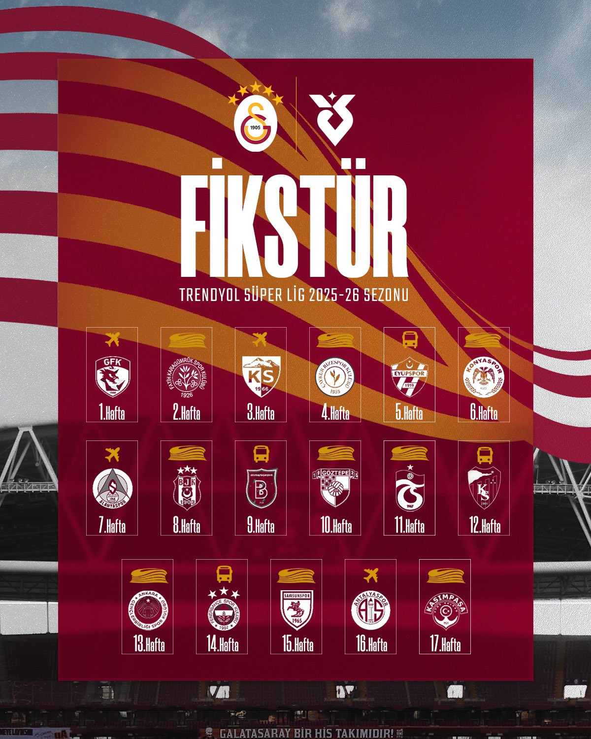 Galatasaray'ın 2025-2026 Süper Lig fikstürü: Derbi haftaları ve tüm maç takvimi - 6