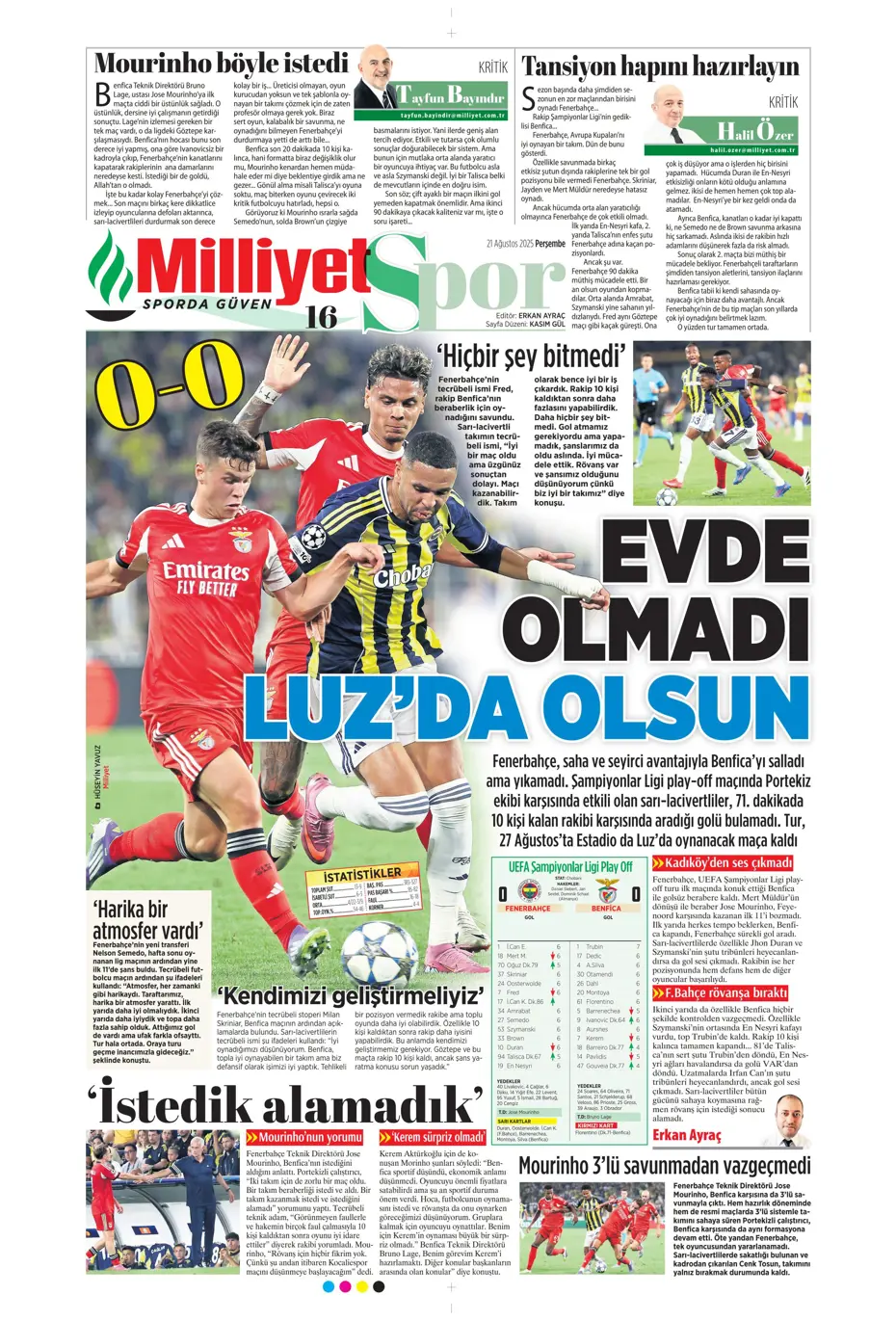 "Benfica'yı Kadıköy'de salladık ama yıkamadık" | Sporun manşetleri - 14
