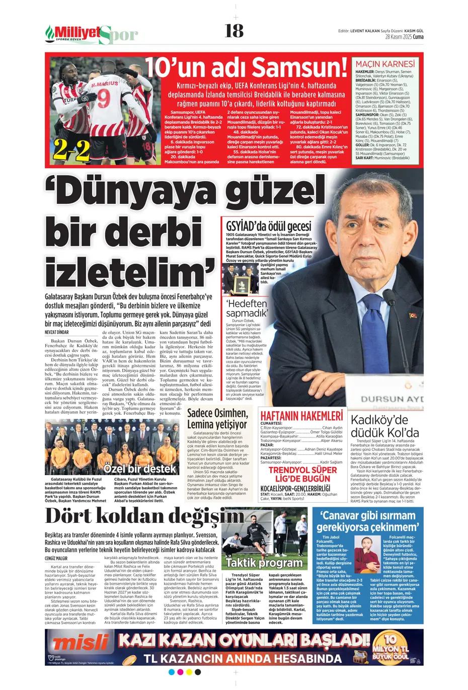 "Avrupa'nın lideri Samsunspor" | Sporun manşetleri - 14