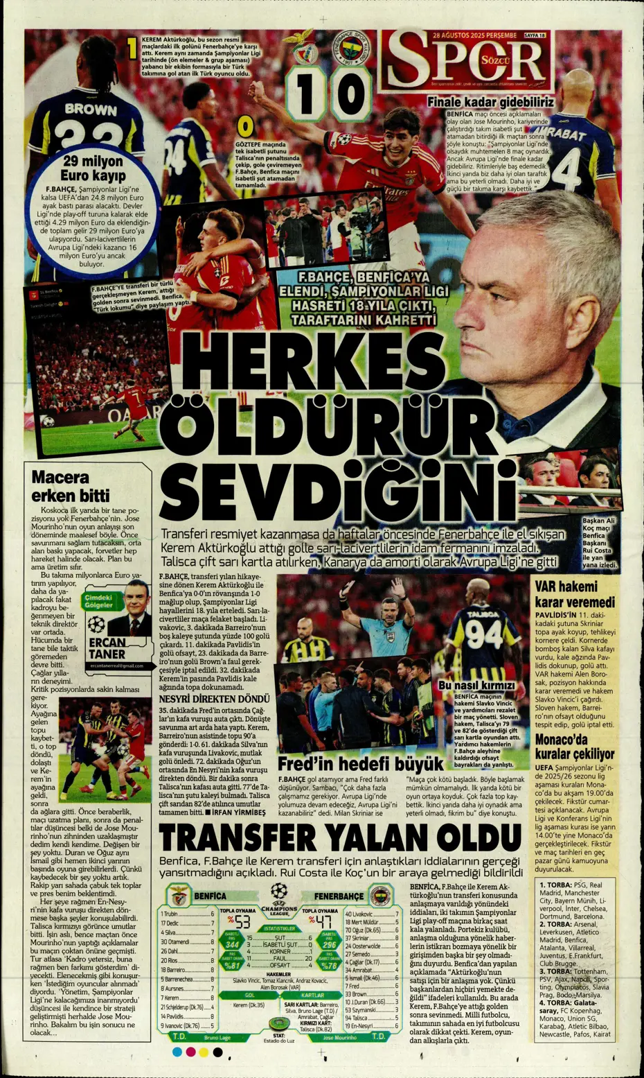 "Kerem Fenerbahçe'yi de Mourinho'yu da bitirdi" | Sporun manşetleri - 9