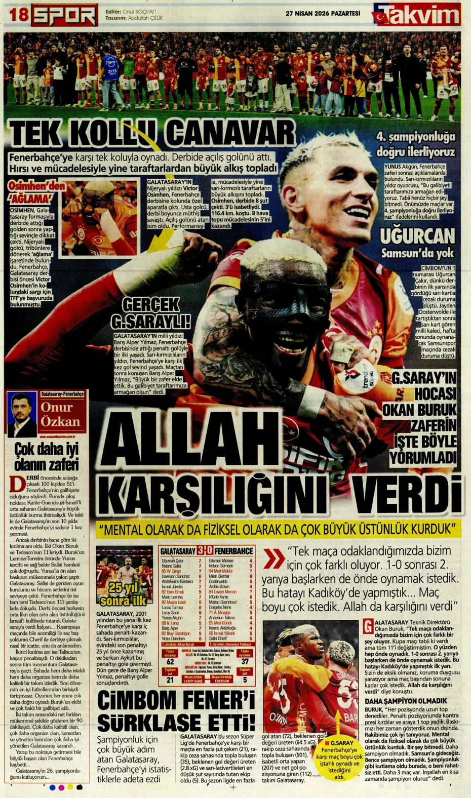 "Aslan Fener'i 7 bitirdi" | Sporun manşetleri - 14 "Aslan Fener'i 7 bitirdi" | Sporun manşetleri - 14
