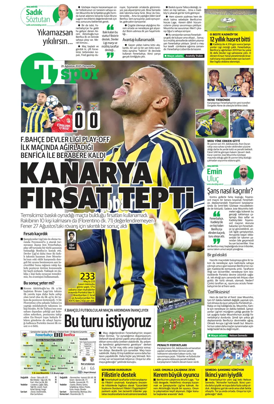 "Benfica'yı Kadıköy'de salladık ama yıkamadık" | Sporun manşetleri - 2