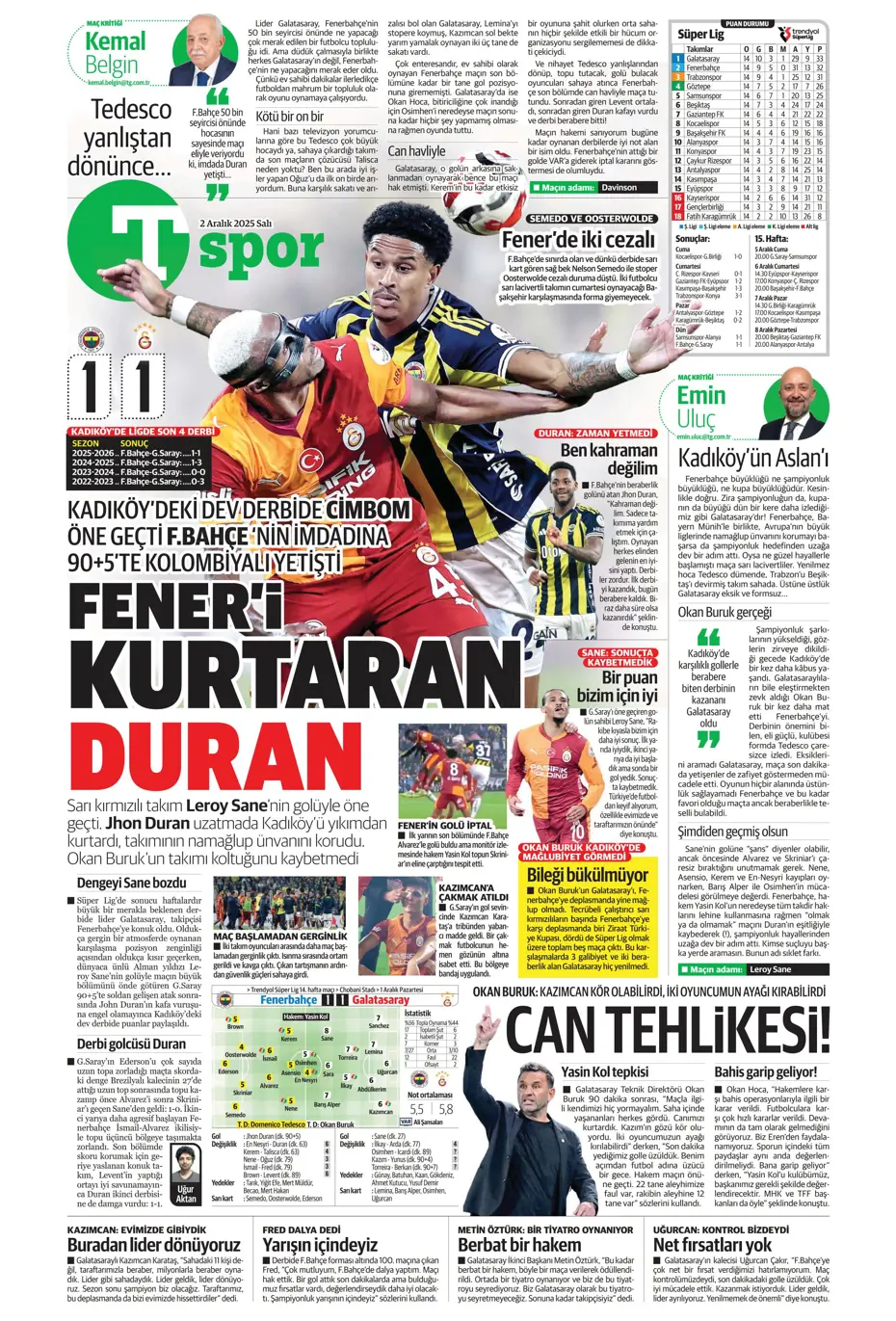"90+5'te Galatasaray'ı dur'Duran' kafa" | Sporun manşetleri - 14