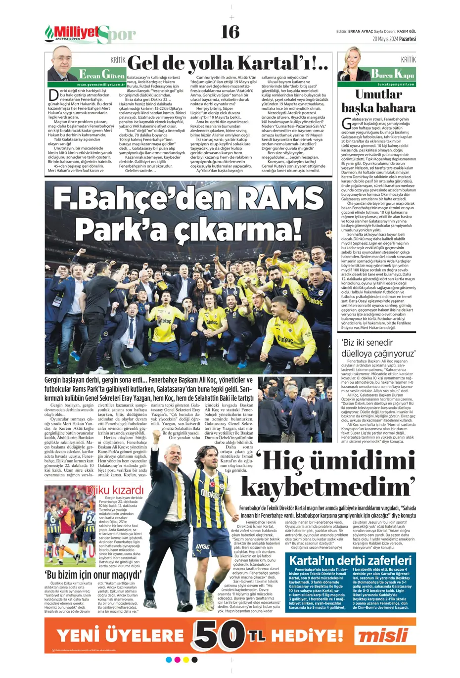"F.Bahçe G.Saray'a bayramı zehir etti" | Sporun manşetleri (20 Mayıs 2024) - 13