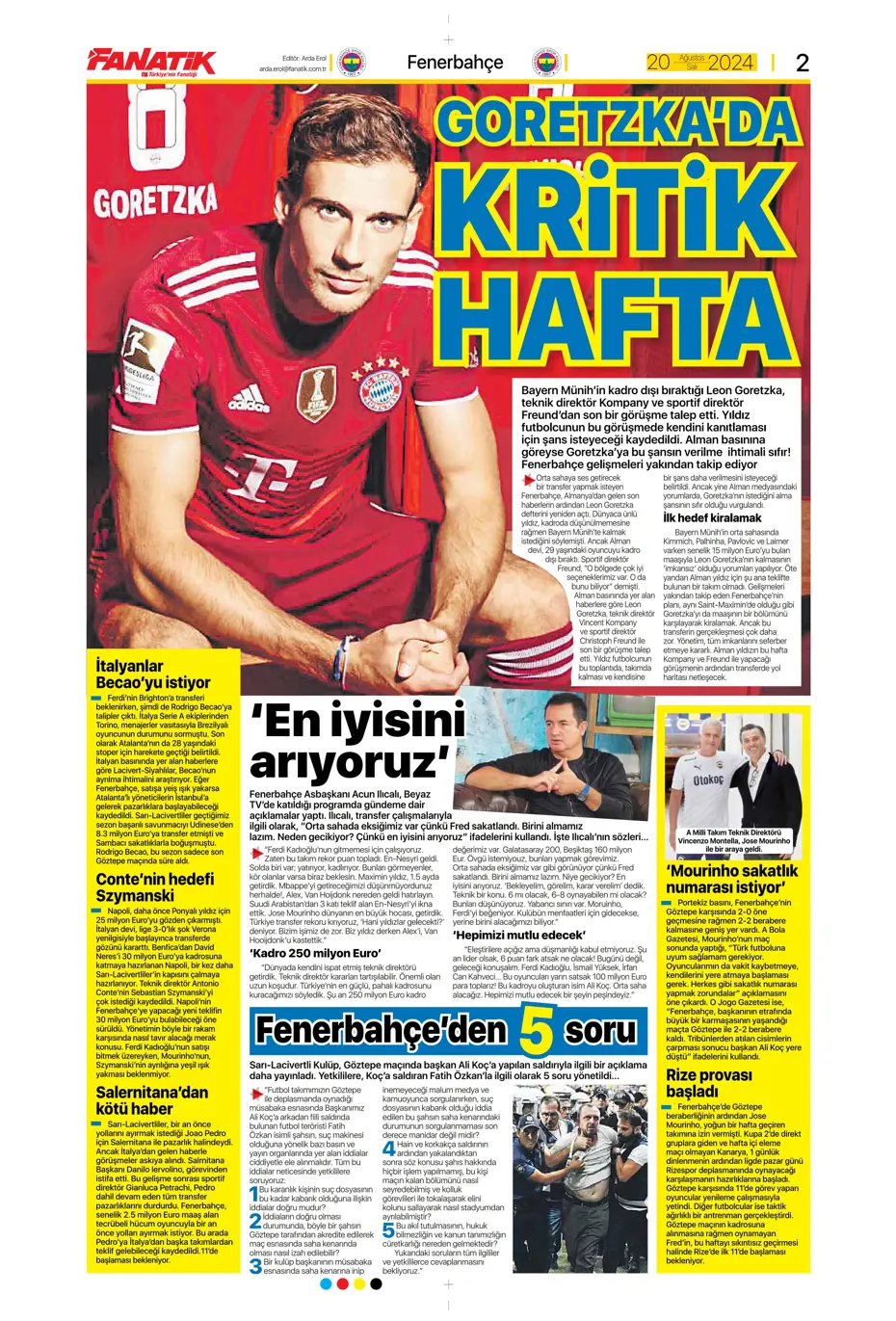 "Fenerbahçe'de değişim zamanı" | Sporun manşetleri (20 Ağustos 2024) - 4